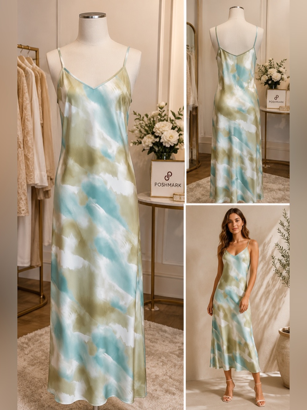 Forever 21 Satin Slip Midi Dress Green Blue Watercolor Print Size S